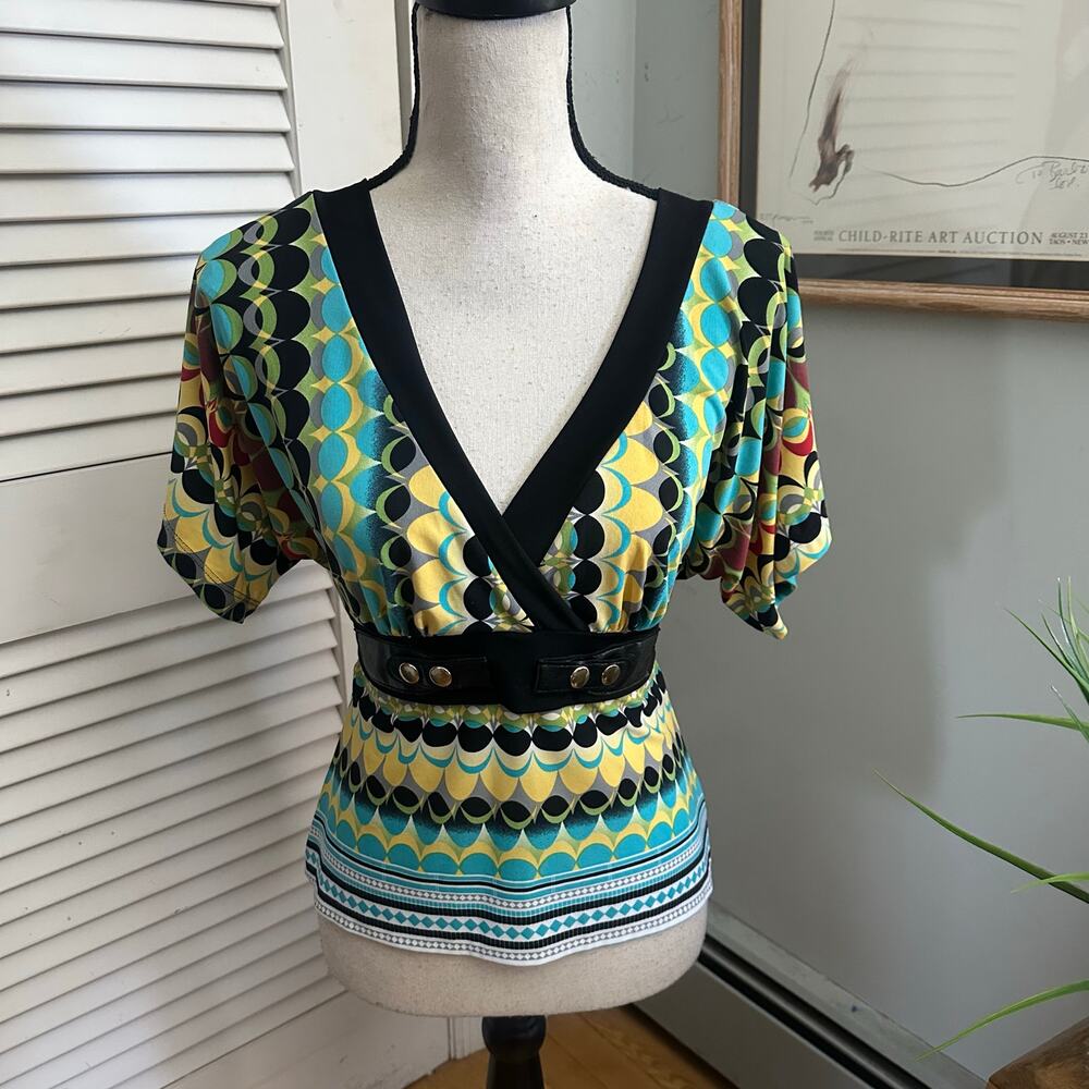 Vintage MISS BISOU Top Womens Medium Mod Print Babydoll Plunging Neck Retro Y2K